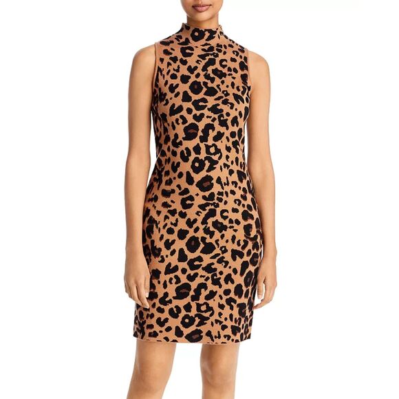 Tahari‎ Womens Mock Neck Sweater Mini Dress Small Brown Leopard Print Sleeveless - Picture 1 of 9